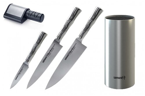 SBA-0220МЕТПЭТ набор из 3-Х ножей SAMURA BAMBOO овощного, универсального, шефа, подставки и электроточилки