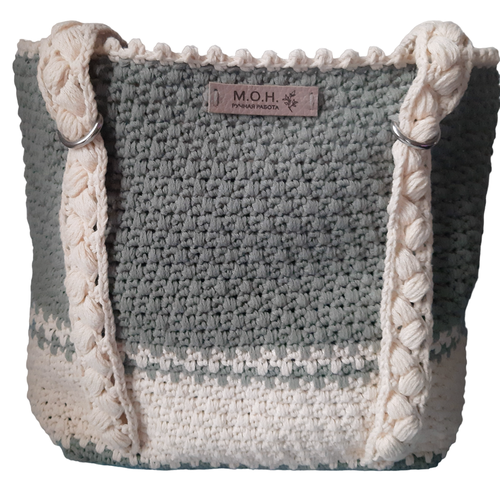 Сумка авоська  Пион, фактура вязаная, белый, зеленый