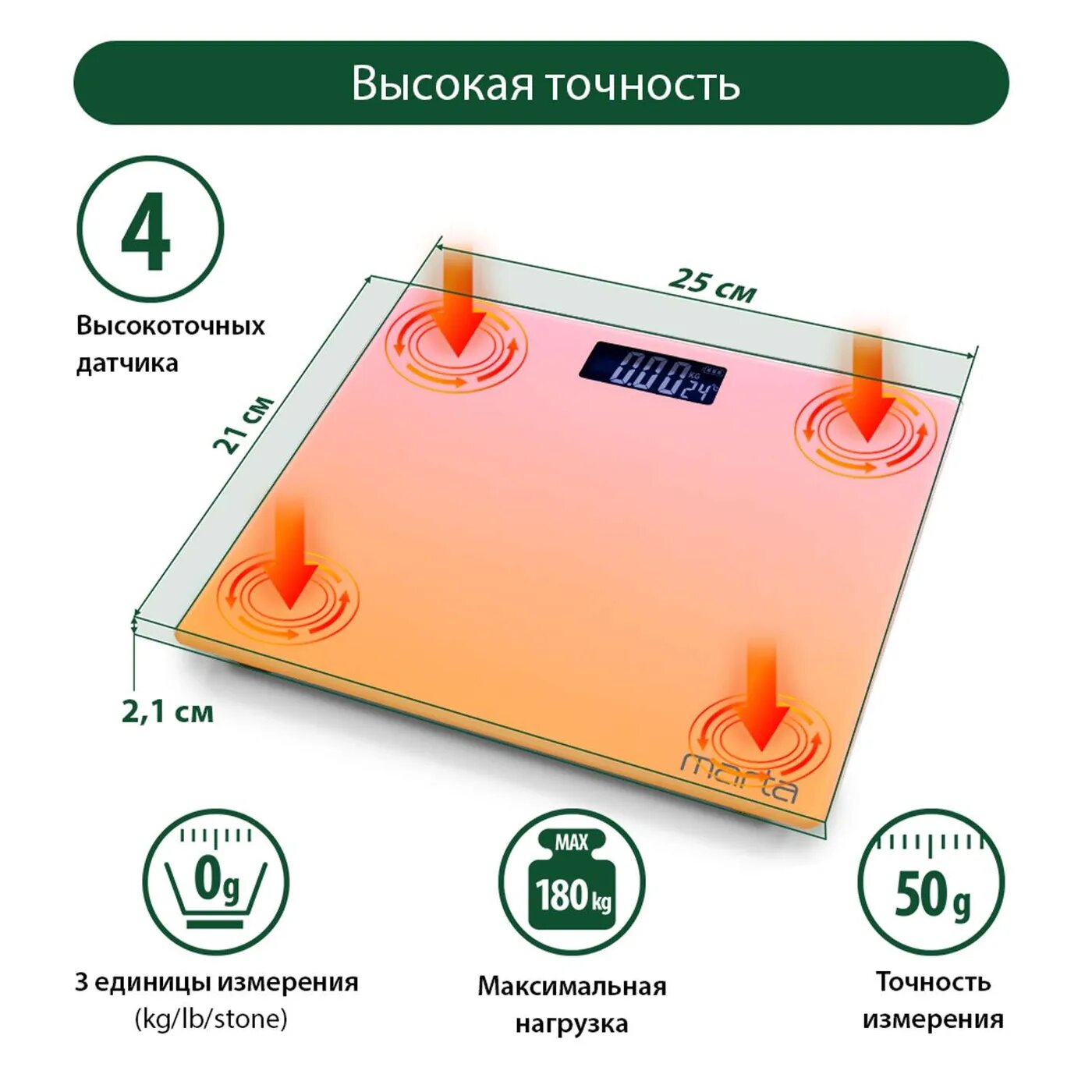 MARTA MT-SC1691 оранжево-розовый LCD весы напольные диагностические, умные с Bluetooth - фотография № 8