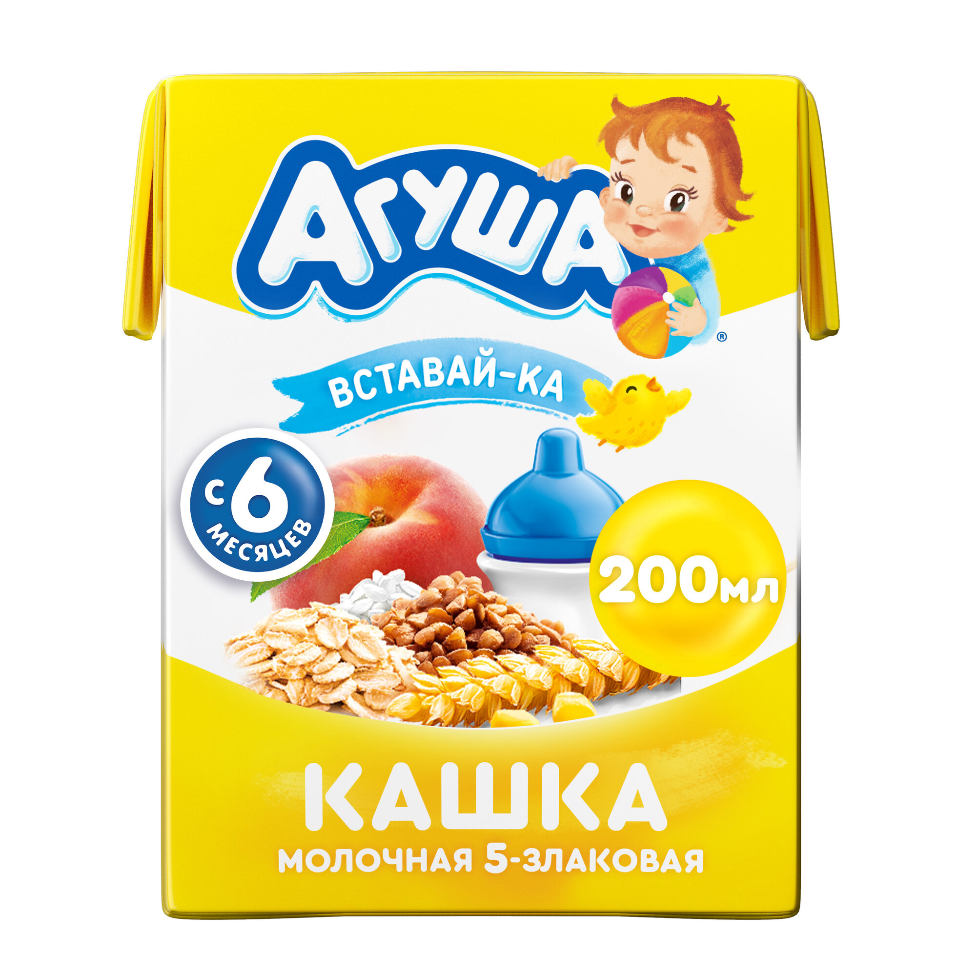 Каша жидкая Молочная 5-злаковая Агуша Вставай-ка Персик 200мл с 6 месяцев