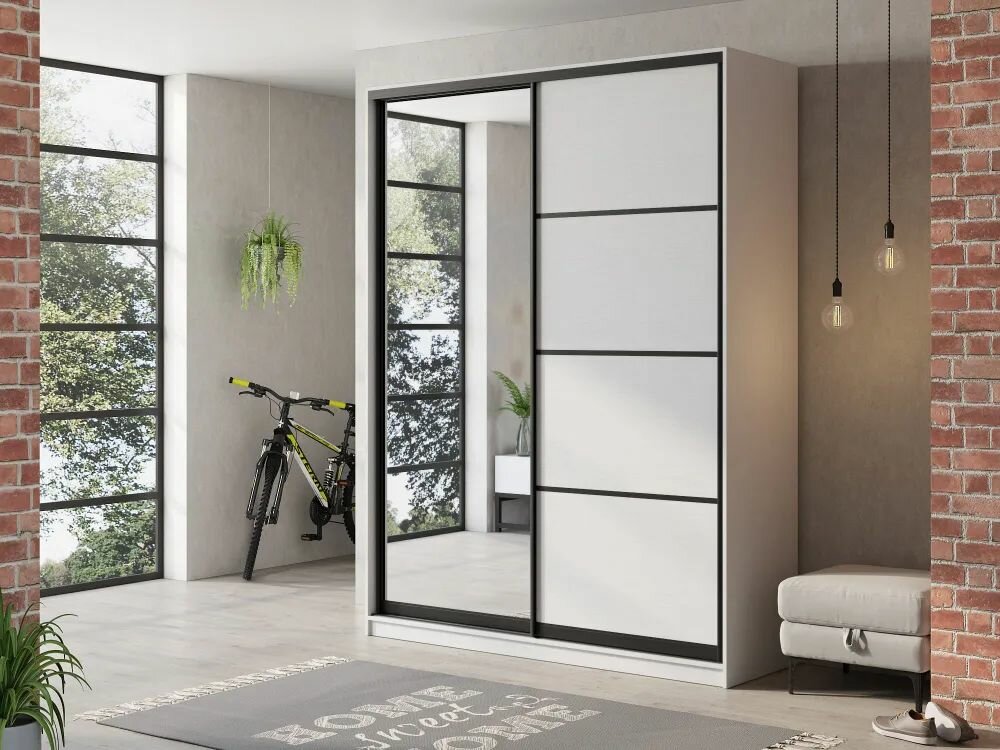 фото Шкаф-купе Лофт/Классика Белый/Бетон серый с зеркалом, ЛДСП, профиль бронза, полками, для дома, дачи, спальни, гостиной, прихожей, дачи, спальни, гостиной, прихожей, 2100х2400х600, мебельный РАЙ