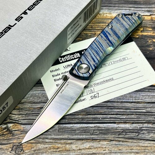 нож складной raelsteel rs7661g burns vg 10 blade black gold titanium handle Нож складной RealSteel RS7071TC08 Luna, N690 Blade, Wind of Change Titanium Handle