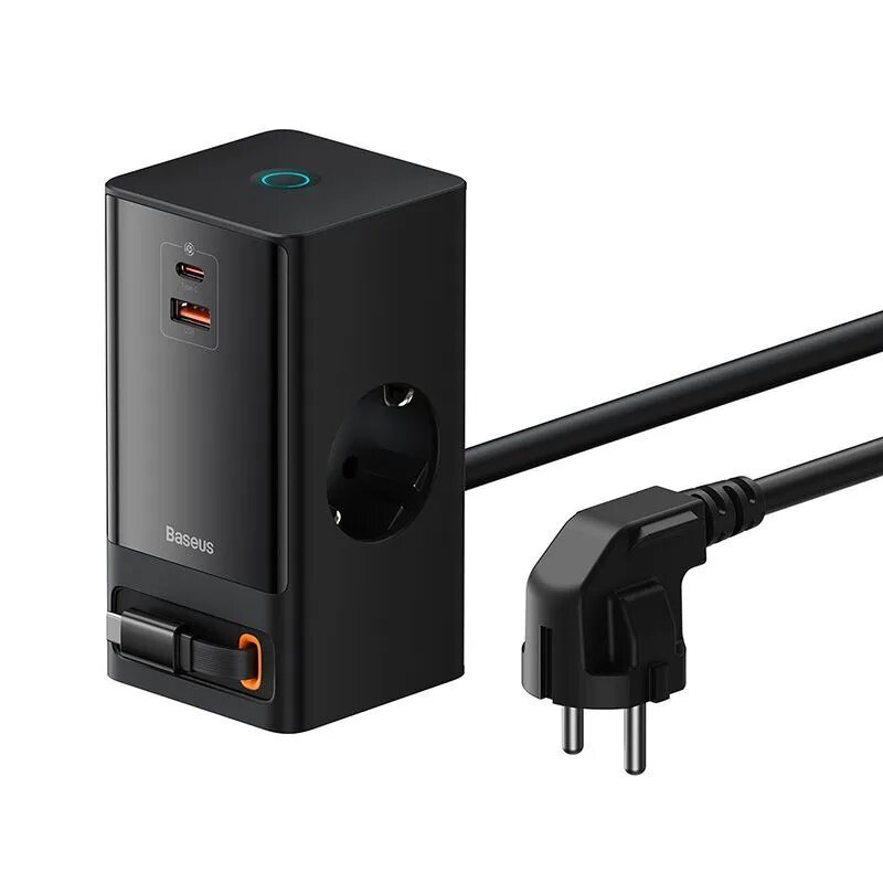 Зарядное устройство OS-Baseus PowerCombo Digital PowerStrip 2AC+1U+1C+Retractable-C 65W with 1.5m power cord EU (PSLR000301) Черное