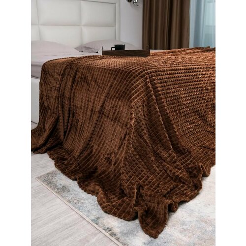 Плед коричневый плюшевый в кубик евро 200х220 см