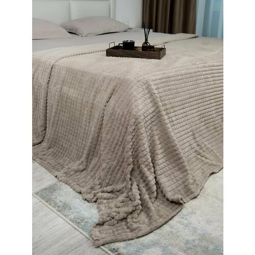 Плед бежевый плюшевый в кубик евро 200х220 см