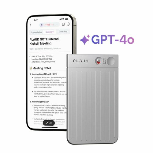 PLAUD NOTE - диктофон с искусственным интеллектом Chat GPT AI (поддерживает 59 языков) серебристый, серебро