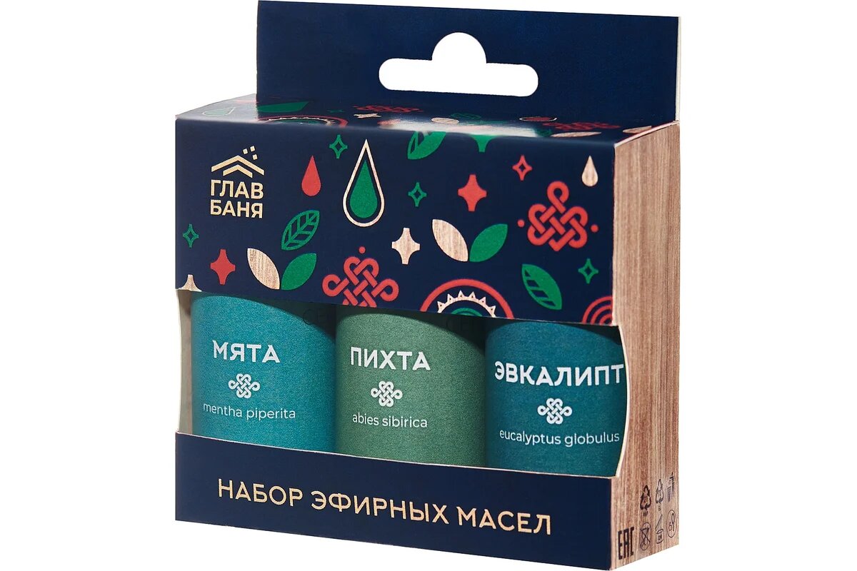 Набор масел эфирных ГлавБаня пихта мята эвкалипт 3x15мл Б701.