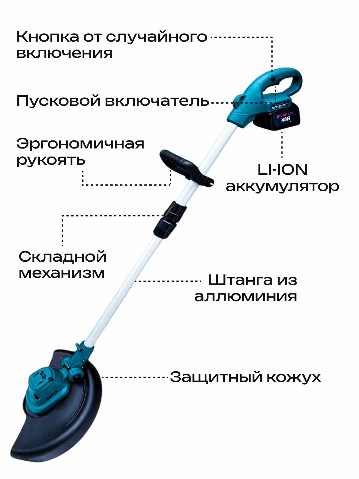 Изображение Аккумуляторный триммер SmartCRV, LiIon, 48 В, 6500 об./мин, 15см, 2кг, синий
