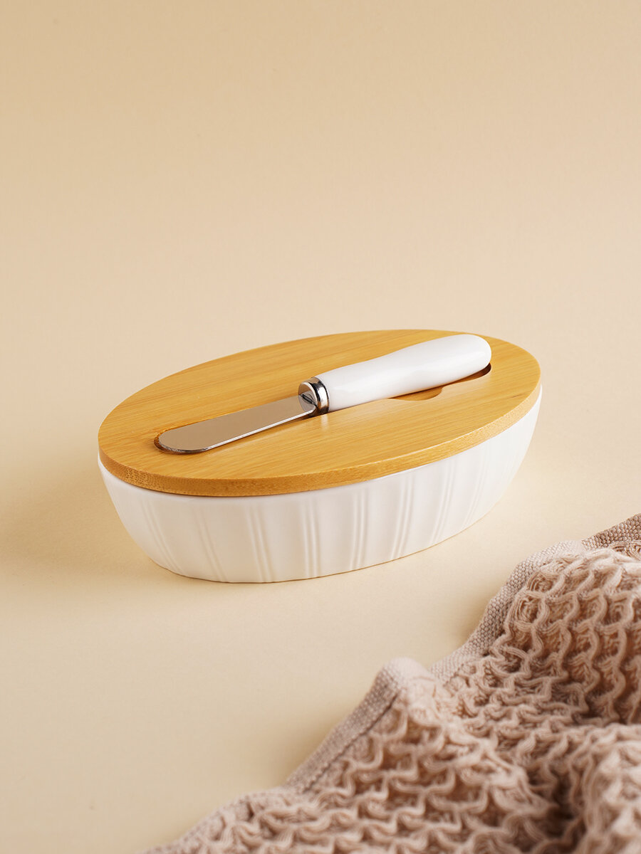 Маслёнка BellaTenero, 300 мл, с ножом для масла, фарфор, белая — фото 1