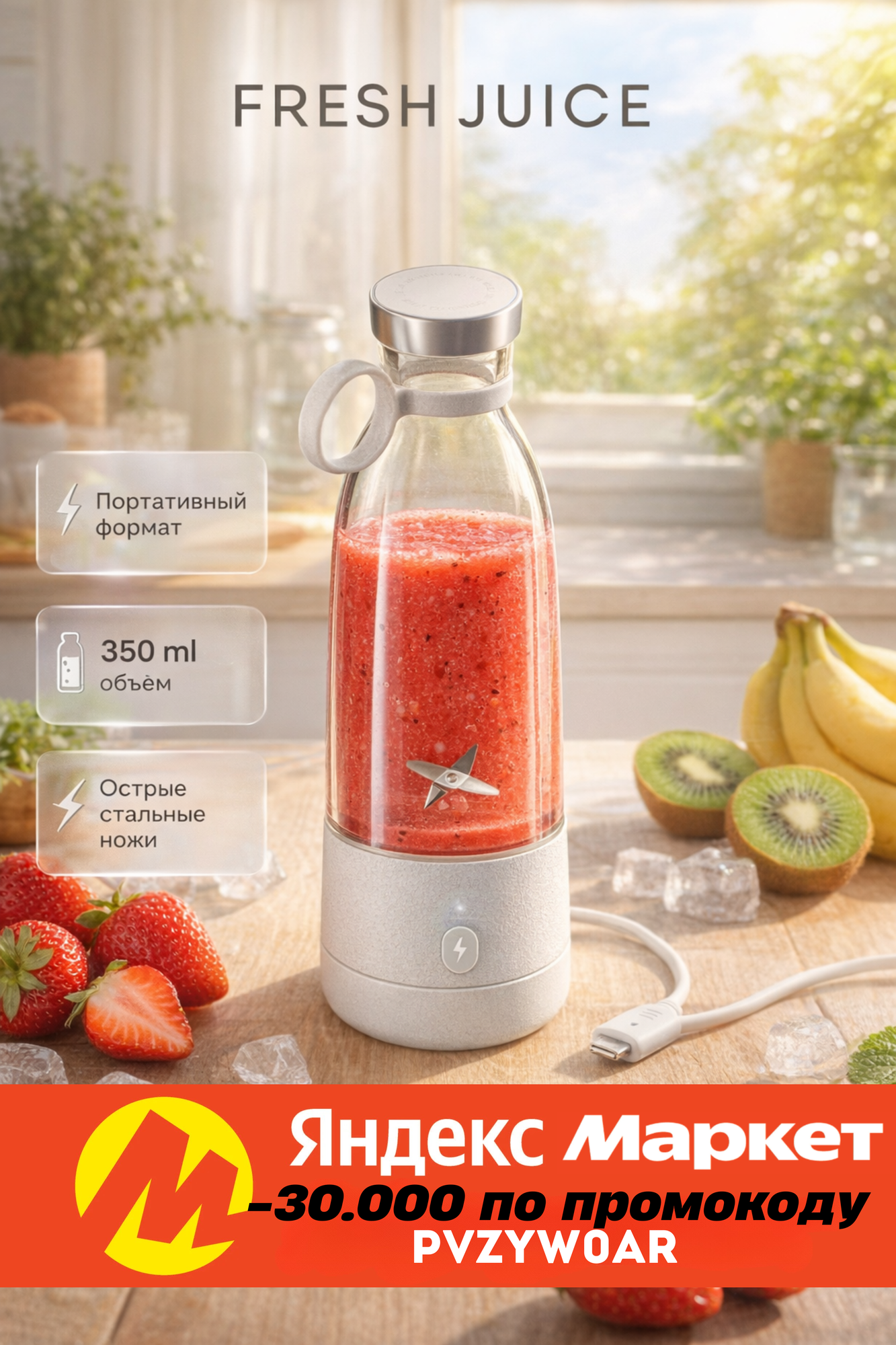 Блендер протативный Fresh Juice 350 мл с беспроводной зарядкой, USB, аккумуляторный, для смузи и коктейлей