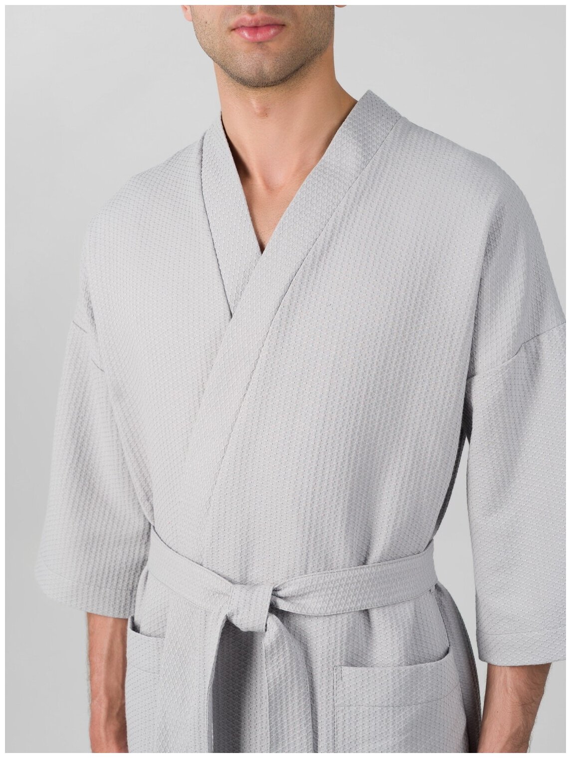 Вафельный халат Кимоно унисекс "Ромбы", серый. Размер 50-52 - фотография № 6