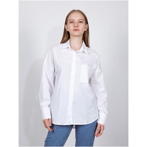 фото Рубашка, блузка женская fm с приспущенными плечами. свободный силуэт / оversize, цвет белый, размер 42-46 (s-m). на каждый день, офисный стиль.