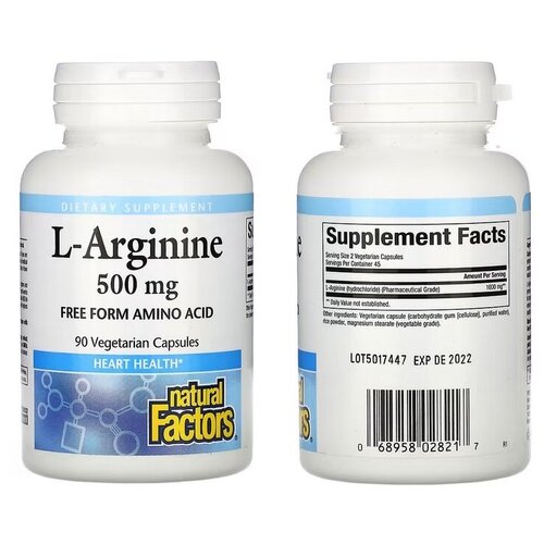 Natural Factors, L-arginine, L-аргинин, 500 мг, 90 капсул l аргинин 500 мг 90 капсул