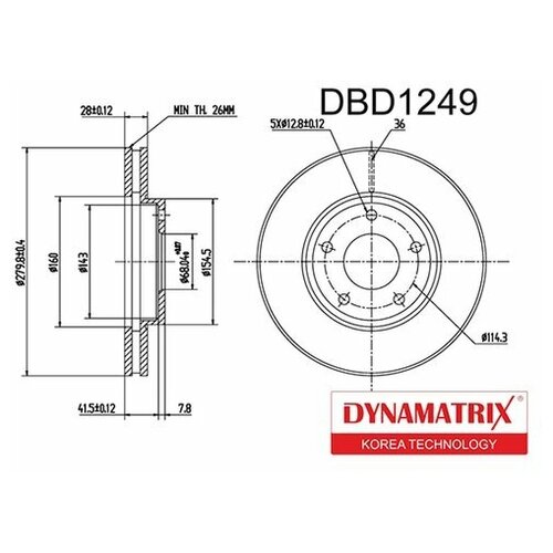 Тормозной диск передний Dynamatrix-Korea DBD1249 для Nissan Almera Tino, Maxima V, Primera, X-Trail