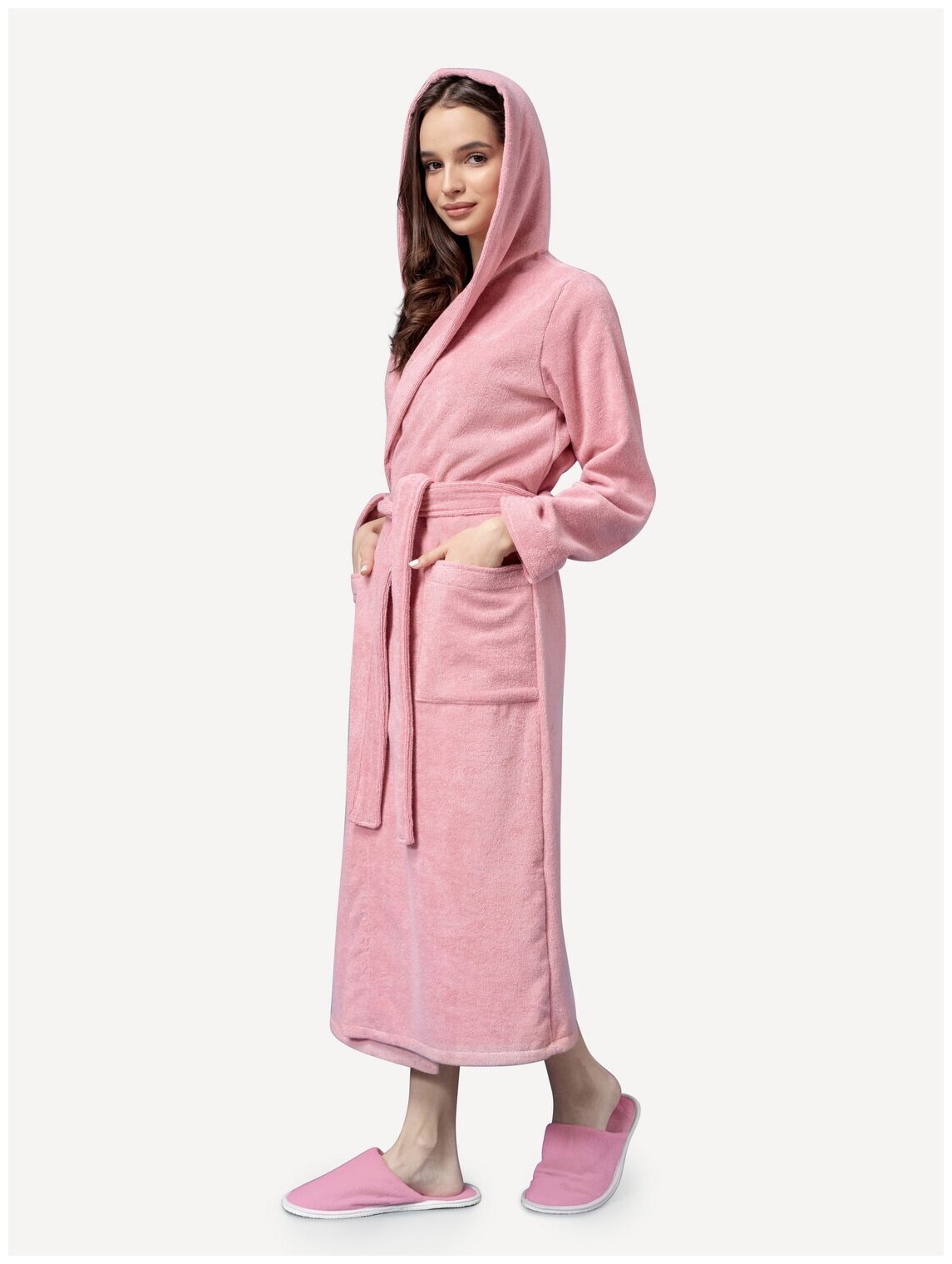 Женский халат с капюшоном, пудрово-розовый - фотография № 2