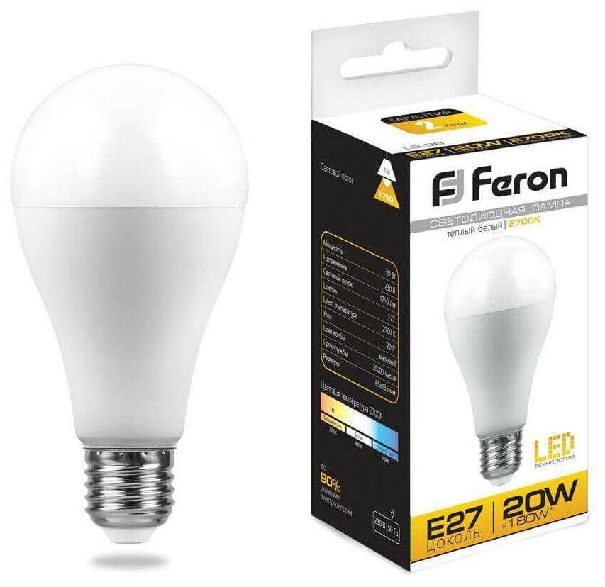 Feron (10 шт.) Лампа светодиодная Feron E27 20W 2700K Шар Матовая LB-98 25787