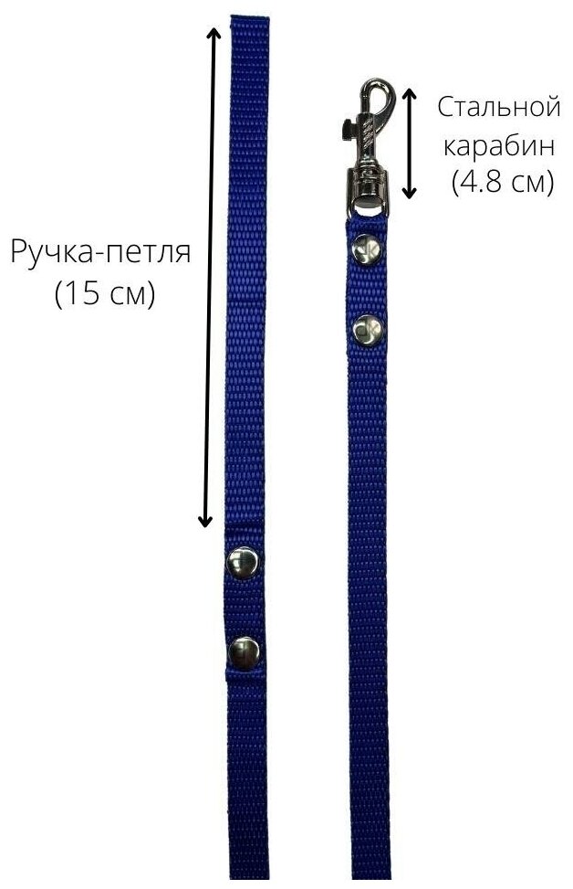 Поводок для собак и кошек нейлоновый 2 м х 10 мм синий (до 5 кг) / поводок нейлоновый с карабином / для прогулок и дрессировок собак