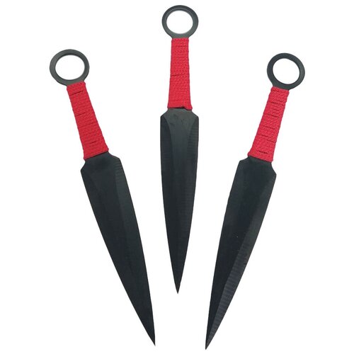 Нож кунай черный малый 17 см в красной обмотке (набор 3 штуки в чехле)