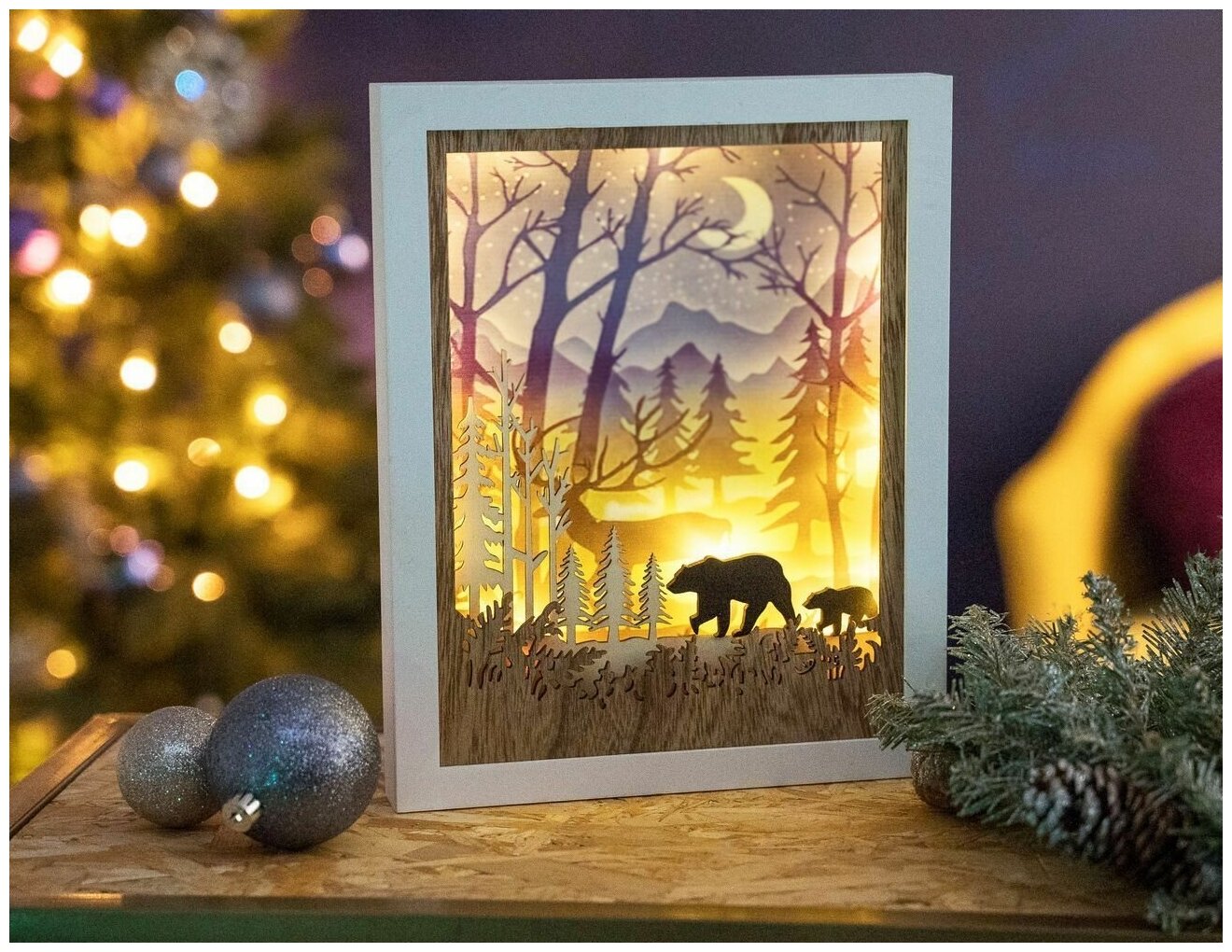 Светящаяся декорация "Добрый лес - медведь", 12 тёплых белых LED-огней, 3x24x30 см, таймер, батарейки, Kaemingk