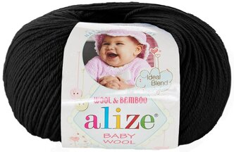 Пряжа Alize Baby wool, 40 % шерсть, 40 % акрил, 20 % бамбук, 50 г, 175 м, 60 черный