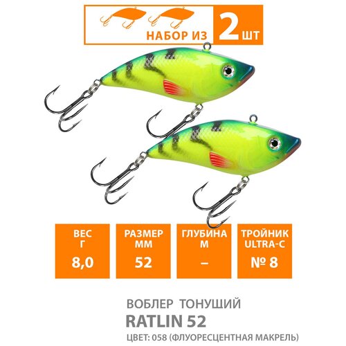 Воблер для рыбалки тонущий AQUA Ratlin 52mm 8g цвет 058 2шт воблер для рыбалки aqua ratlin 52mm вес 8 0g цвет 058 флуоресцентная макрель 1 штука