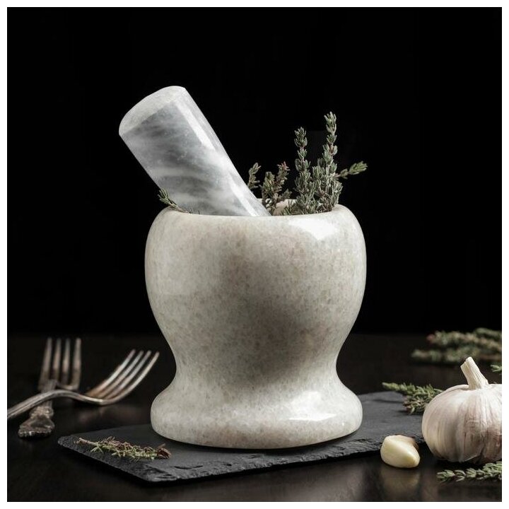 фото Ступка с толкушкой «Мрамор», из натурального камня, цвет белый