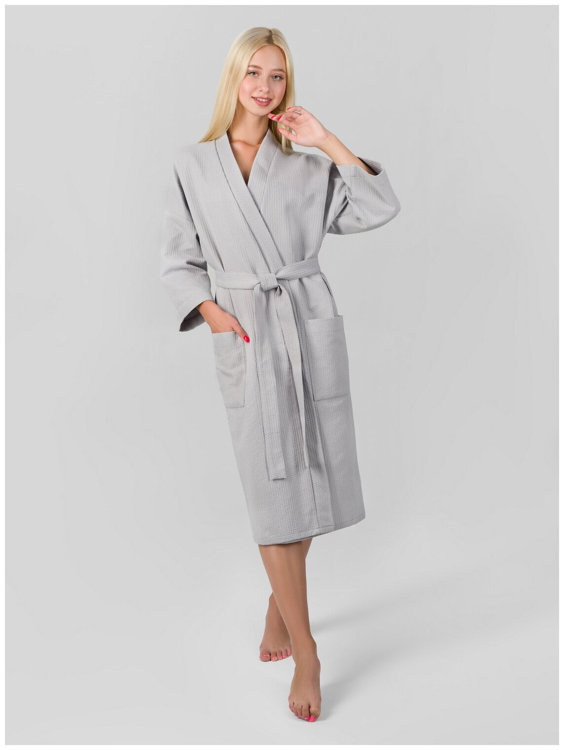 Вафельный халат Кимоно унисекс "Ромбы", серый. Размер 50-52 - фотография № 8