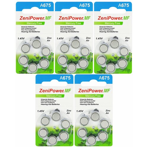 Батарейки ZeniPower 675 (PR44) для слухового аппарата, 5 блистеров (30 батареек)