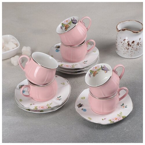 Сервиз кофейный «Сирена», 12 предметов: 6 чашек 100 мл, 6 блюдец 12 см, цвет розовый