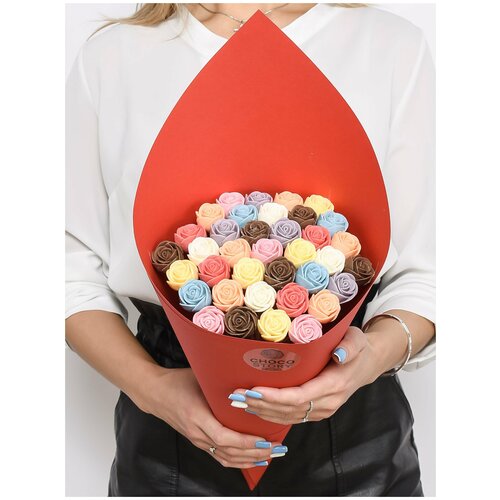 Букет шоколадных роз 37 шт. CHOCO STORY - сладкие разноцветные розочки в красивой упаковке, 444 гр. YA-B37-K-MIX