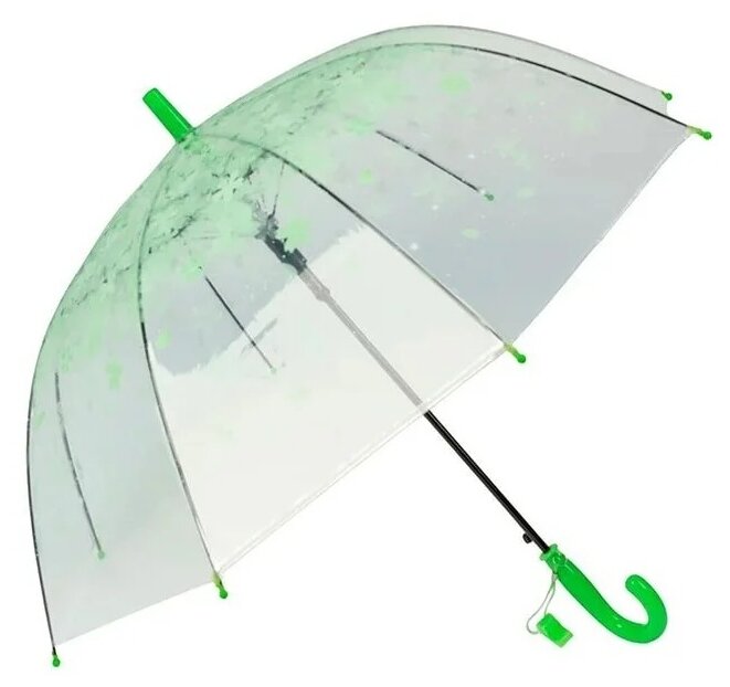 Зонт для девочки трость детский полуавтоматический с лепестками цветов сакуры прозрачный со свистком, зонтик подростковый, зеленый