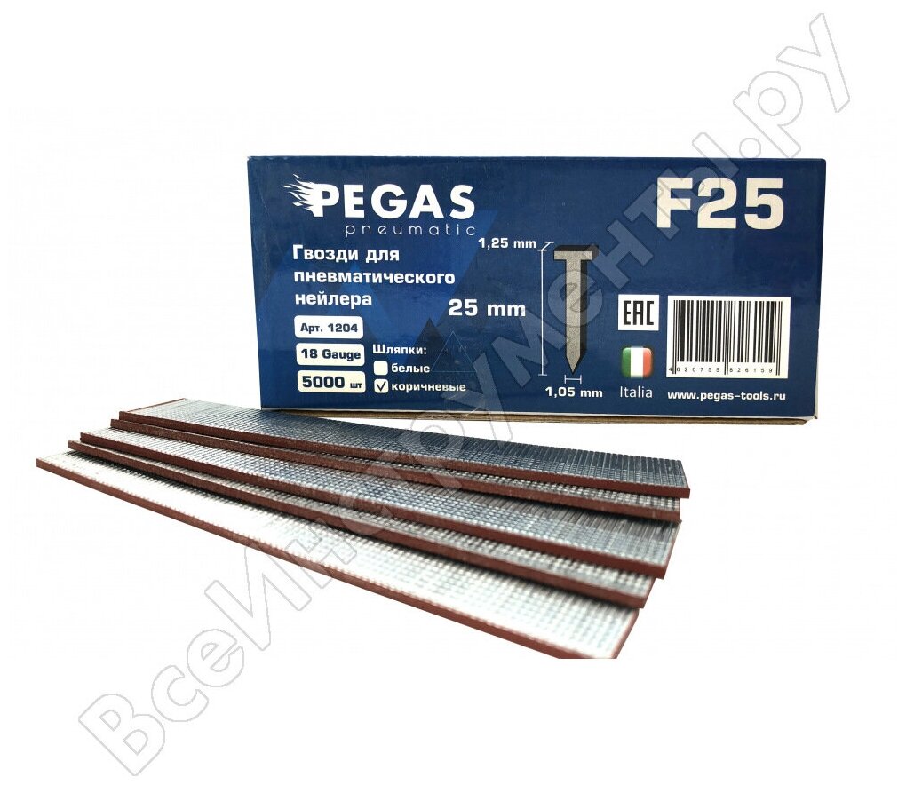 Pegas pneumatic Гвозди отделочные F25, длина 25 мм, уп.5000 штсечение 1,25 мм 1204