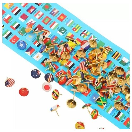 Геометки с флагами стран, 194шт, Rezlazer, Геометки для карты мира, кнопки для пробковой доски