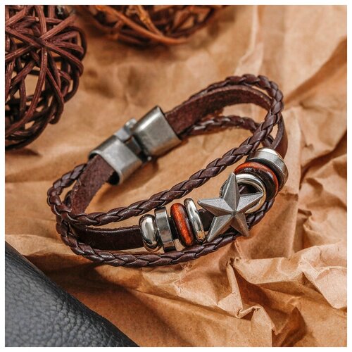 фото Браслет унисекс "стиль" звезда, цвет чёрно-коричневый с чернёным серебром, 21,5 см recom