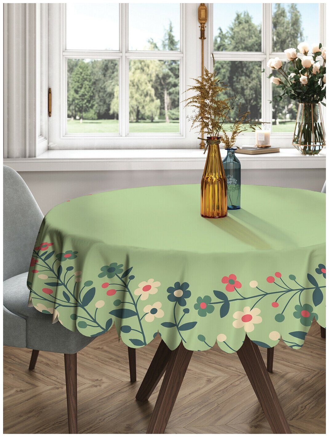 Круглая скатерть на кухонный и праздничный стол JoyArty "Цветочное плетение" из сатена, диаметр 150 см - фотография № 1