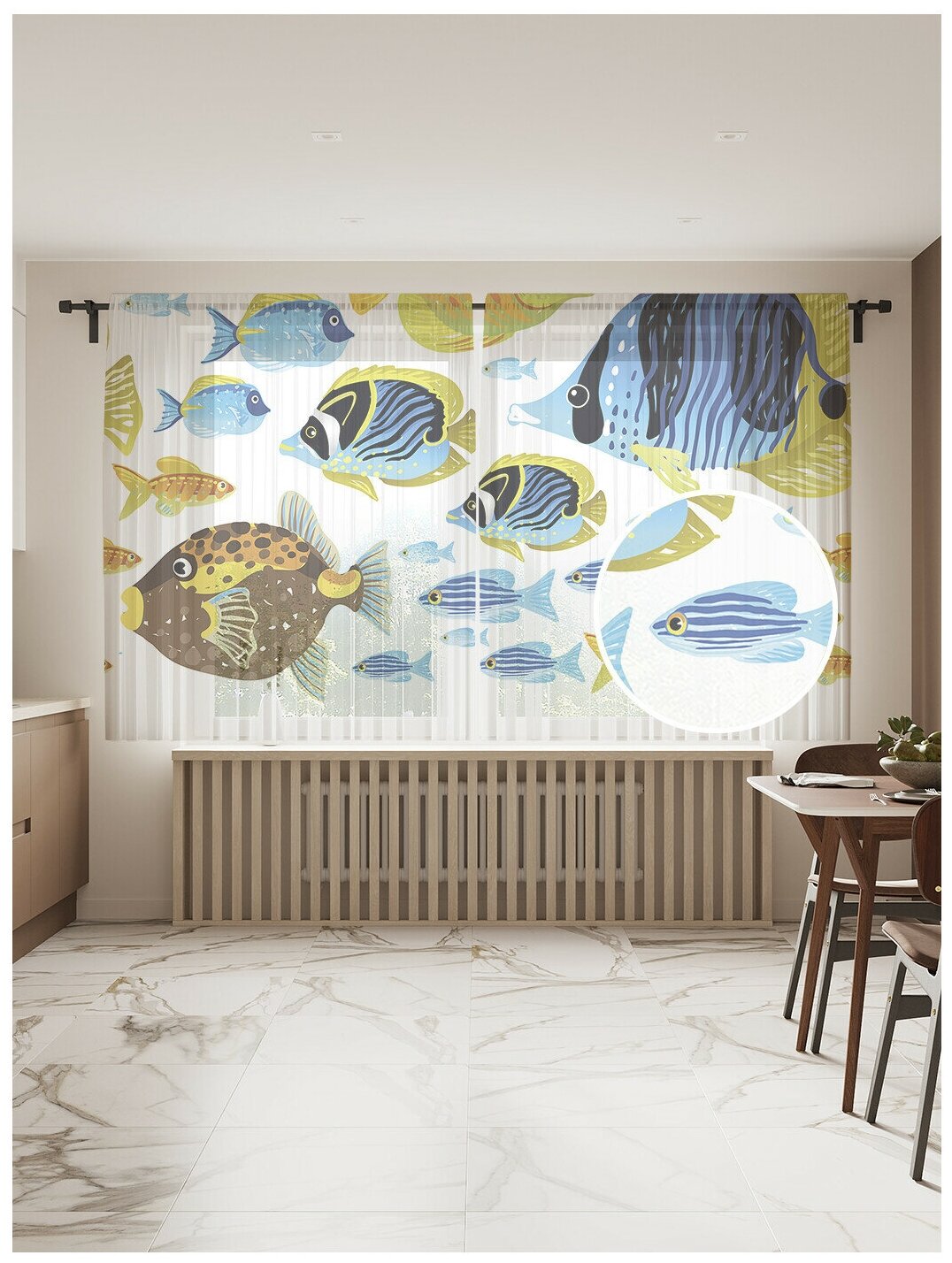 Тюль для кухни и спальни JoyArty "Жизнь в море", 2 полотна со шторной лентой шириной по 145 см, высота 180 см.