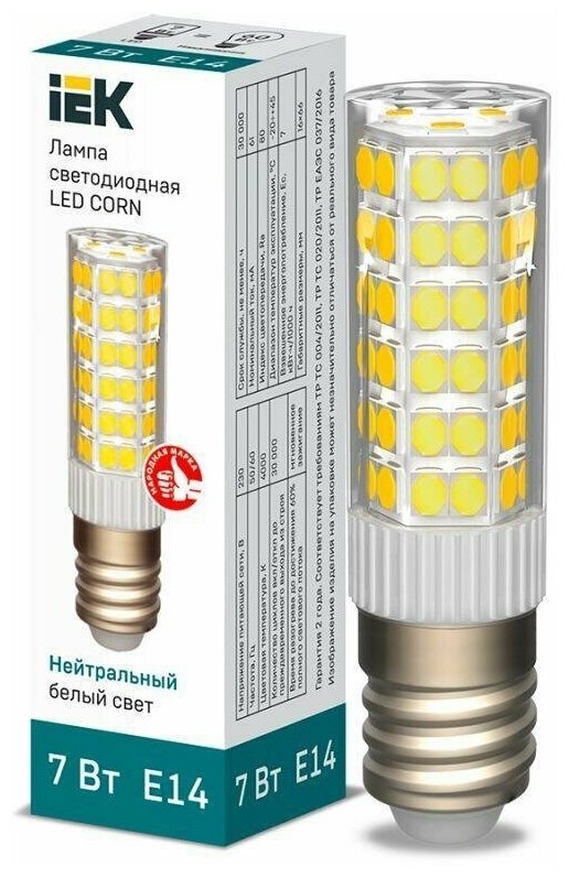 Лампа светодиодная CORN 7Вт капсула 4000К E14 230В керамика | код LLE-CORN-7-230-40-E14 | IEK (5шт. в упак.)