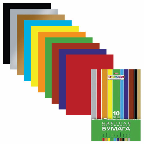 Цветная бумага А4 мелованная, 10 листов 10 цветов, в папке, HATBER Creative, 195х280 мм, 10Бц4м 05930, N050842 упаковка 10 шт.