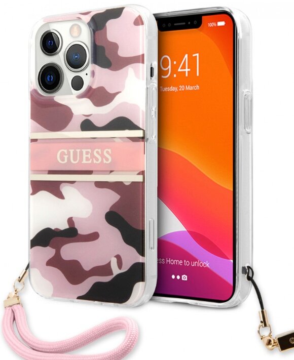 Чехол CG Mobile Guess PC/TPU CAMO Hard + Nylon hand cord для iPhone 13 Pro Max, цвет Розовый камуфляж (GUHCP13XKCABPI)