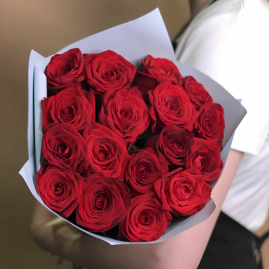 Букет живых цветов из 17 красной розы 40 см в упаковке с доставкой