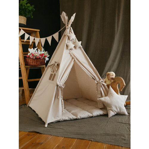 Вигвам детский с ковриком, окошком , подушкой и антискладывателем бежевый светлый