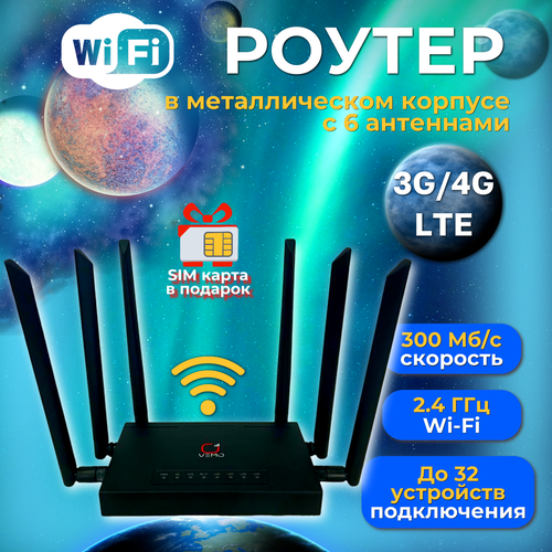 Роутер Wi-Fi 3G4GLTE 300 мбитс с шестью антеннами Сим карта по России в подарок 3945₽