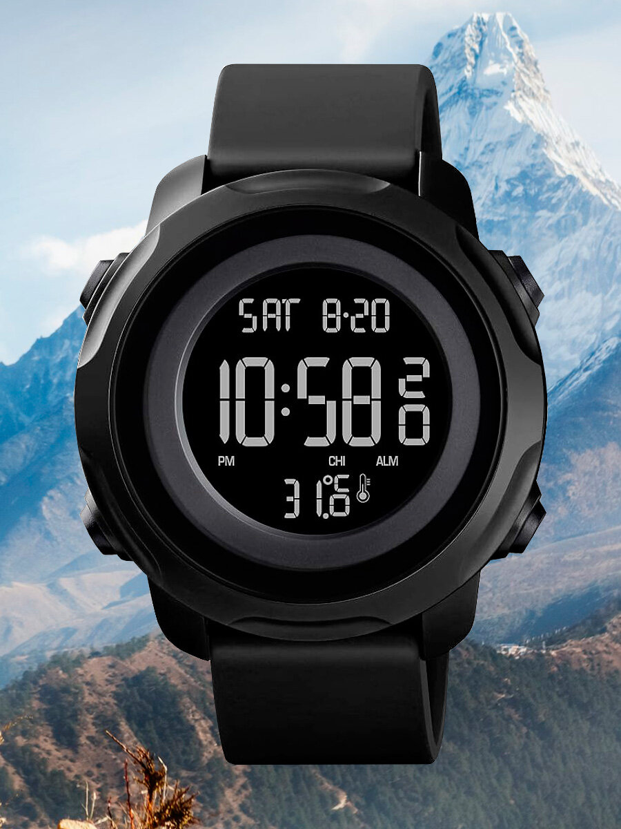 Часы наручные мужские электронные спортивные SKMEI водонепроницаемые, с секундомером и измерением температуры, черные