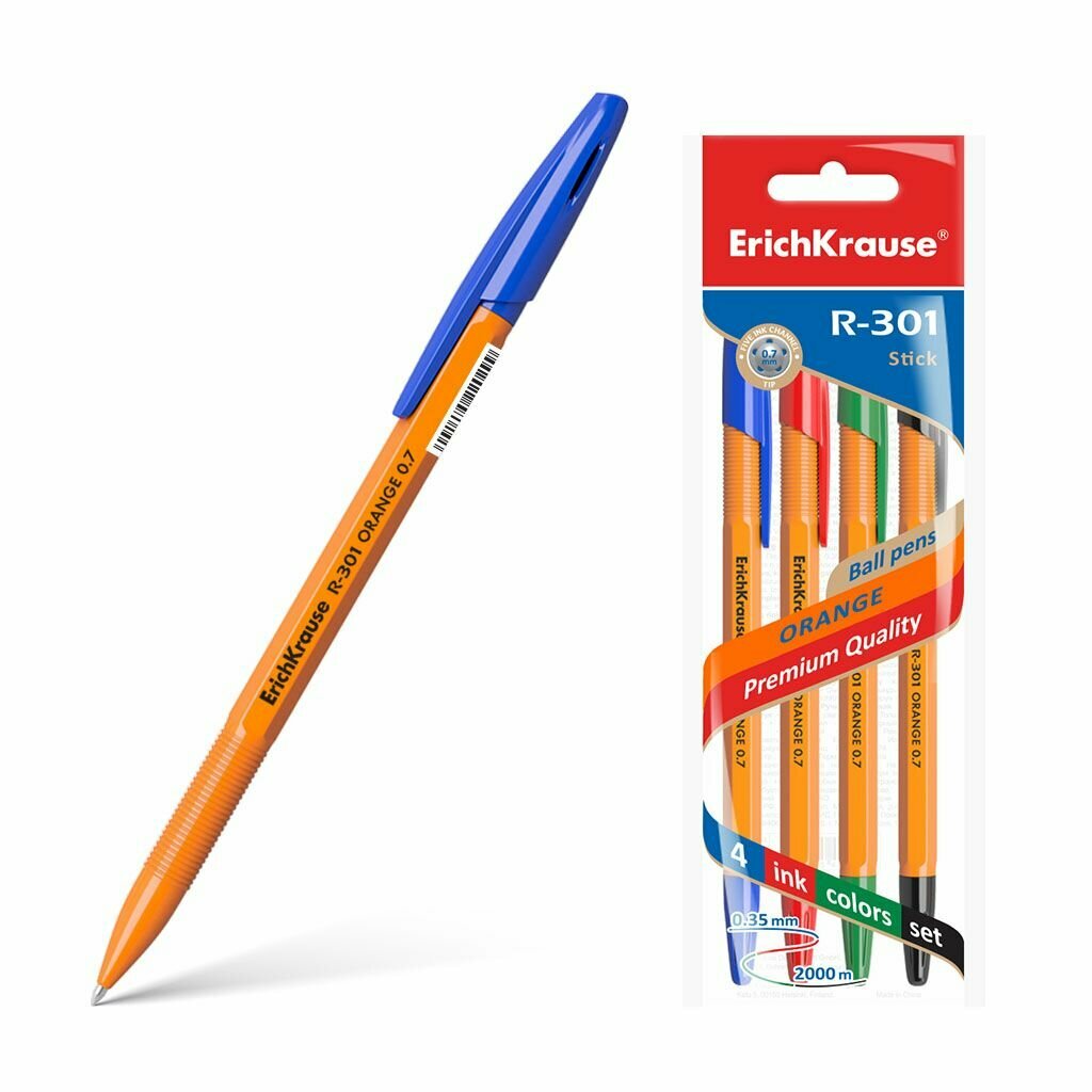 Набор из 4 ручек шариковых ErichKrause R-301 Stick Orange 0.7, цвет чернил: синий, черный, красный, зеленый (в пакете)