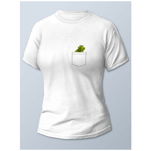 фото Футболка женская белая разное карман (кермит, лягушка в кармане) - 21891 brut-shop