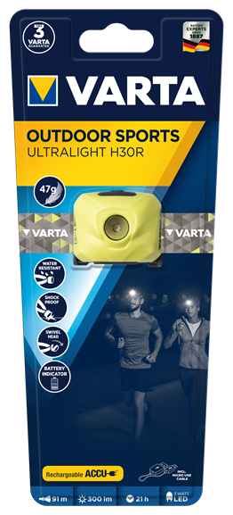 Налобный фонарь Varta Outdoor Sports Ultralight H30R, 300 ЛМ, аккумулятор 600 мАч + кабель микро-USB (в комплекте)