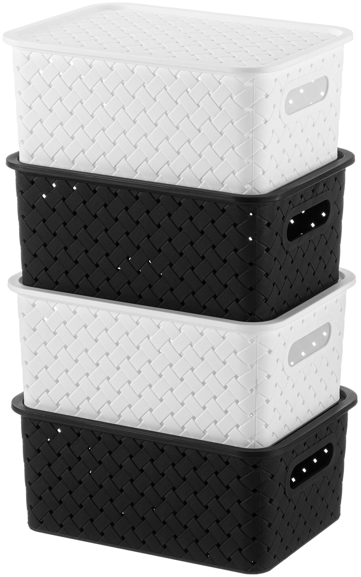 Корзинка / коробка для хранения / с крышкой 4 шт Береста 3 л 23,5х17,3х10,5 см El Casa, цвет белый (2 штуки), черный (2 штуки), набор