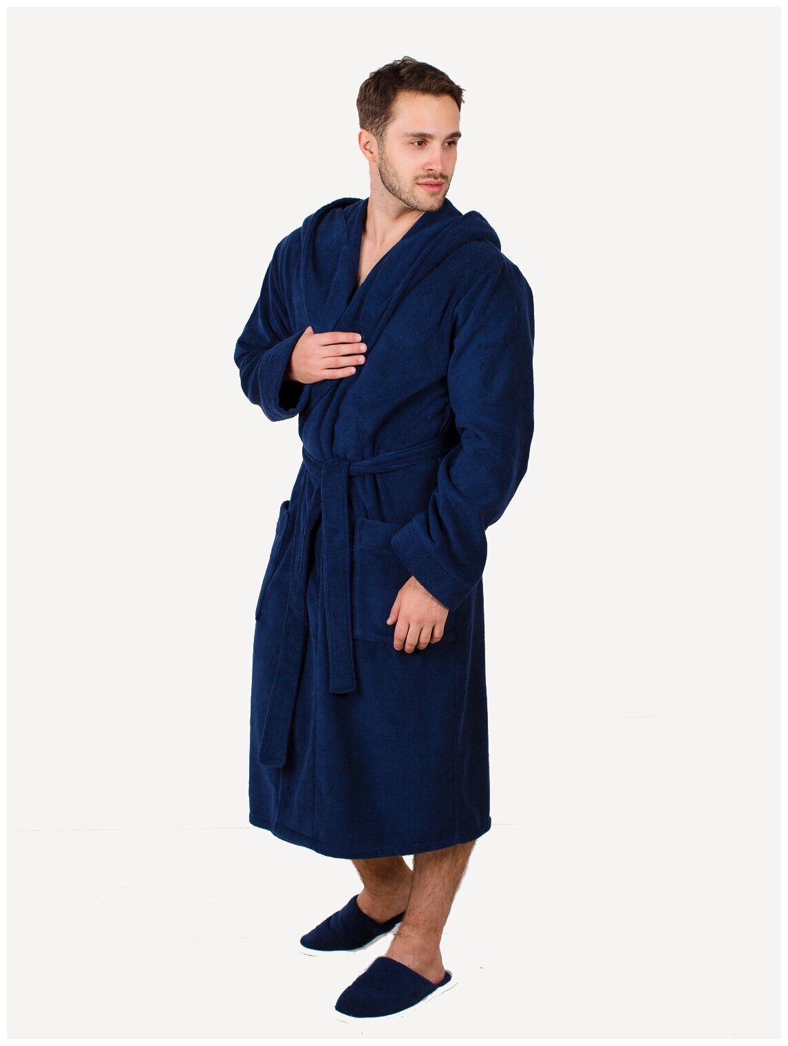 Мужской махровый халат с капюшоном, темно-синий - фотография № 5