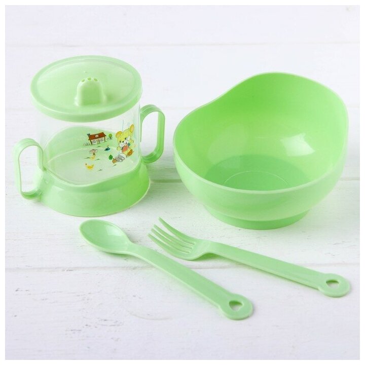 Набор детской посуды, 4 предмета: миска, ложка, вилка, поильник с твёрдым носиком 200 мл, цвета микс