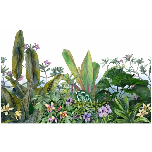 Фотообои Уютная стена Тропические цветы и листья акварелью 400х270 см Виниловые Бесшовные (единым полотном)